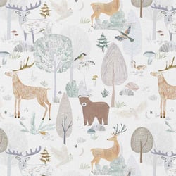 Tissu Popeline de Coton  Foret de Brocéliande sur fond Blanc - Au mètre