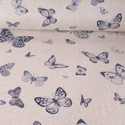 Tissu Toile de Coton Lin Papillon marine sur fond Naturel