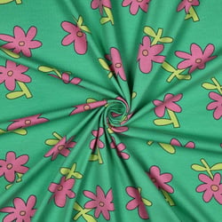 Tissu Jersey Coton Bio Jennifer Bouron fleurs Rose sur fond Vert
