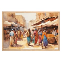 Tableau mural encadré marché aquarelle 65x97 cm