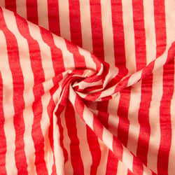Tissu Coton Seersucker Rayé Pêche sur fond Rouge