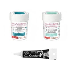 2 colorants alimentaires bleu foncé-vert d'eau + Stylo glaçage noir