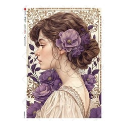 1 feuille de papier de riz 22.5 x 32 cm découpage collage Paper Designs PORTRAIT FEMME FLEUR 0065