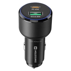 Swissten Chargeur Voiture Fast Charging 63W USB-C Power Delivery 45W et USB 3.0 18W Noir