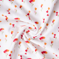 Tissu Double gaze de Coton Hope bouquets tulipes sur fond Blanc