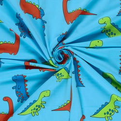 Tissu Jersey Coton imprimé Dino vert, rouge et bleu sur fond Bleu turquoise