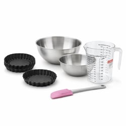 Set pâtisserie avec 6 moules à tartelettes renversées 10 cm, 2 bols à mixer, verre mesureur et spatule Zenker