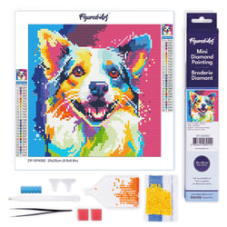 Mini Diamond Painting Broderie Diamant Figured’Art 25x25cm toile entière roulée avec diamants ronds - Chien Abstrait Pop Art