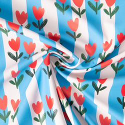 Tissu Imperméable déperlant  tulipes Rouge rayures Bleu sur fond Blanc