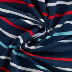 Tissu Sweat léger envers gratté Rayé Bleu, Blanc et Rouge sur fond Bleu marine