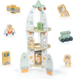 Jouet en bois Fusée Spatiale Ascenseur & Accessoires à construire, Garage enfant, 2 astronautes