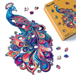 Puzzle en Bois Adulte et Enfant Figured'Art 200 pièces Animaux - Paon - Design Original 25,3x40,8 cm Forme Unique avec Coffret en bois Premium, Parfait pour Offrir en Cadeau