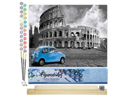 Peinture par Numéro Figured'Art - Colisée Fiat Bleue - Kit de Loisir Créatif DIY Numéro d'Art Complet - 40x50cm toile roulée + châssis en bois à monter