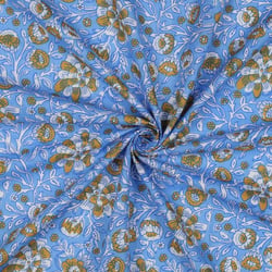 Tissu Coton indien Block print Fleuris Léa sur fond Bleu ciel