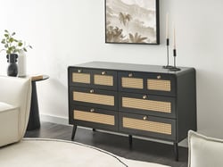 Commode à 6 Tiroirs Noir en MDF et Rotin PE Pieds en Bois avec Poignées Dorés Style Bohème