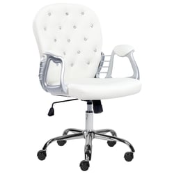 Chaise de Bureau Blanc en Cuir PU à Dossier Capitonné Décoration Cristaux Réglable en Hauteur avec Bouton et Pivotement Complet