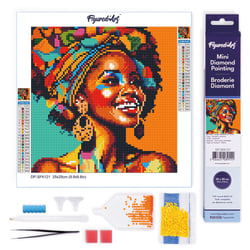 Mini Diamond Painting Broderie Diamant Figured’Art 25x25cm toile entière roulée avec diamants ronds - Reine Africaine Pop Art