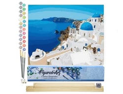 Peinture par Numéro Figured'Art - Village grec - Kit de Loisir Créatif DIY Numéro d'Art Complet - 40x50cm toile roulée + châssis en bois à monter