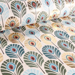 Tissu Toile de Coton Plumes de Paons Métallisées Bleu canard et dorées sur fond Beige