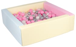 Piscine à balles carrée avec 300 balles – rose, bleu, jaune p/perle, transparent, rose clair, argent - Velinda