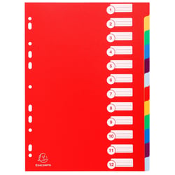 Intercalaires polypropylène opaque semi rigide 12 positions - A4 - Couleurs assorties - x 15 - Exacompta