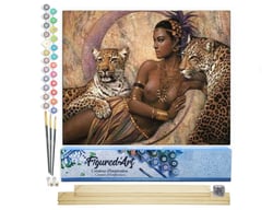 Peinture par Numéro Figured'Art - Déesse et Léopards - Kit de Loisir Créatif DIY Numéro d'Art Complet - 40x50cm toile roulée + châssis en bois à monter