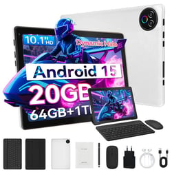 Tablette Tactile 10.1 Pouces, Android 15, 20Go+64Go, 5-Core, Wifi 6, Type-C, 5000mAh, Avec Clavier, Souris, Étui et Casque, Blanc