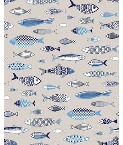 Tissu coton poisson sur fond lin de 150 cm de largeur Ecru (LIN) vendu par 50 cm