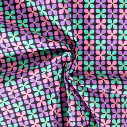 Tissu Coton enduit Poppy Fleur menthe et mauve sur fond Noir