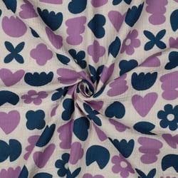 Tissu Double gaze de Coton Bio Love shapes Bleu et Parme sur fond Ecru