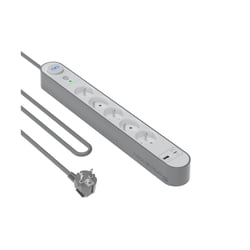 Force Power Rallonge Parafoudre 5 Prises Type-E 800 Joules avec Ports USB-A et USB-C 1,5m Argent