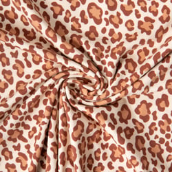 Tissu Jersey Coton imprimé tacheté Léopard Terracota et Brun sur fond Beige
