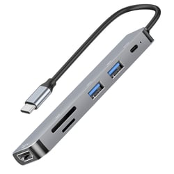 LinQ Hub USB-C vers HDTV 4K, USB-C 100W, Lecteurs Cartes SD / Micro-SD Gris