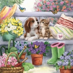 4 serviettes en papier découpage collage 33 cm CHIOT CHATON JARDIN FLEUR ASS 110