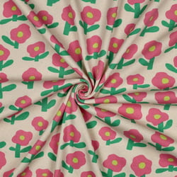 Tissu Jersey cotêlé Bio Jennifer Bouron fleurs Rose et Vert sur fond Ecru