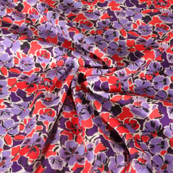 Tissu Viscose extensible Digital Fleurs parme et rouges sur fond Violet