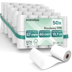 50 Rouleaux de Caisse 57x 40x8mm- Thermique 19,7m- Terminaux de paiement- 50 Bobines TPE- Sans BPA- Dimension Universelle- ACROPAQ
