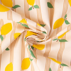 Tissu Coton imprimé Citrons jaunes et rayures sur fond Ecru