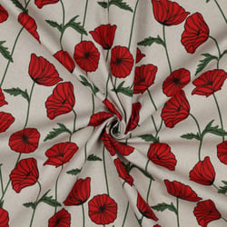 Tissu Toile Coton Canvas Enduit aspect Lin Coquelicots sur fond Naturel