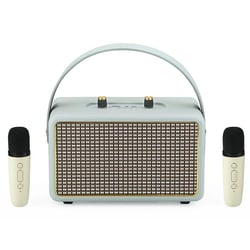 Enceinte Bluetooth Karaoke Portable Bois Texture Cuir Gris Double Microphone Batterie Longue Durée YONIS