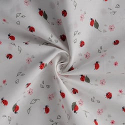 Tissu Popeline de Coton Coccinelles fleuris sur fond Blanc cassé