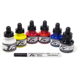 Encres acrylique - 6 flacons 29,5ml + 1 marqueur - Couleurs primaires -  Daler Rowney
