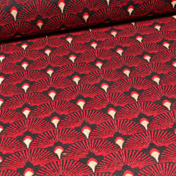 Tissu Jacquard Plumes de paons dorées sur fond Rouge
