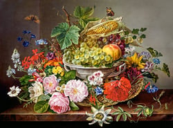 Puzzle 2000 pièces - Nature Ombree avec Fleurs et Corbeille de Fruits - Castorland