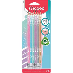 6 crayons graphite - HB - N°2 - Embout gomme - Couleurs pailletées - Maped