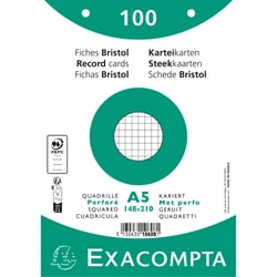 Paquet 100 fiches sous film - bristol quadrillé 5x5 perforé 148x210mm - Blanc - x 10 - Exacompta