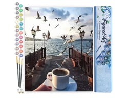 Peinture par Numéro Figured'Art - Café et Mouettes au bord de l'eau - Kit de Loisir Créatif DIY Numéro d'Art Complet - 40x50cm sans châssis en bois