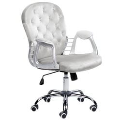 Chaise de Bureau Gris Clair en Velours à Dossier Capitonné Décoration Cristaux Réglable en Hauteur avec Bouton et Pivotement Complet