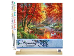 Peinture par Numéro Figured'Art - Rivière d'Automne et barque - Kit de Loisir Créatif DIY Numéro d'Art Complet - 40x50cm toile roulée + châssis en bois à monter