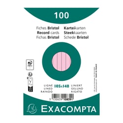 Paquet 100 fiches sous film - bristol ligné non perforé 105x148mm - Rose - x 20 - Exacompta